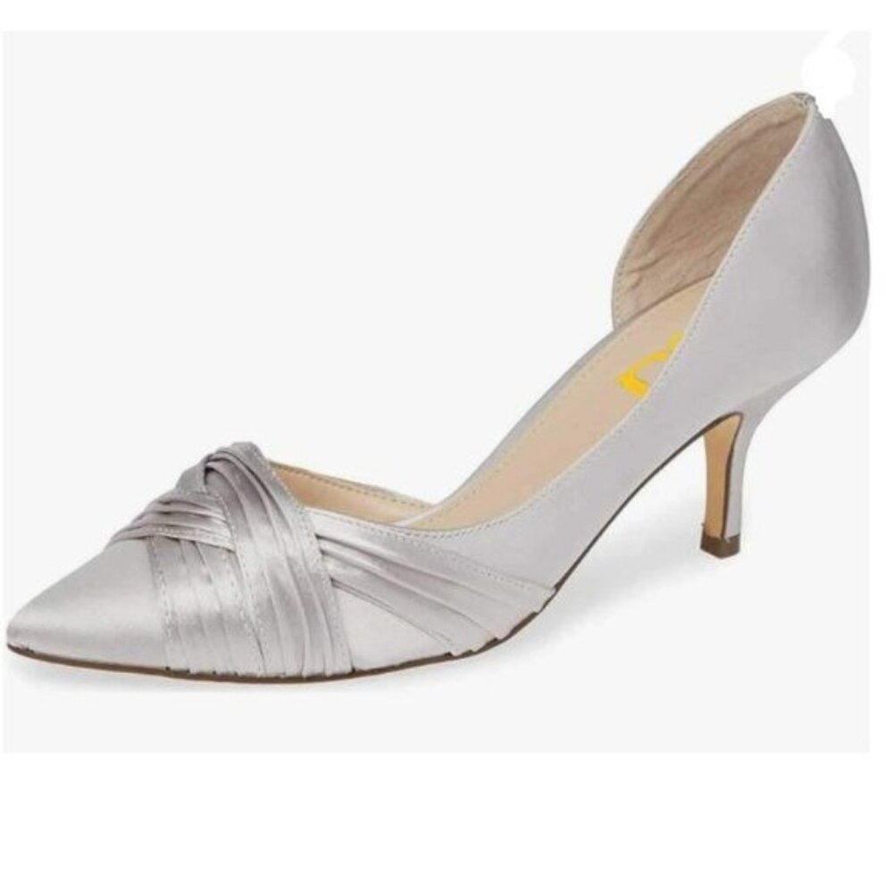 FSJ Silver Mid Heels Pointed Toe Slip on Pumps D'Orsay Pleated Satin Shoes